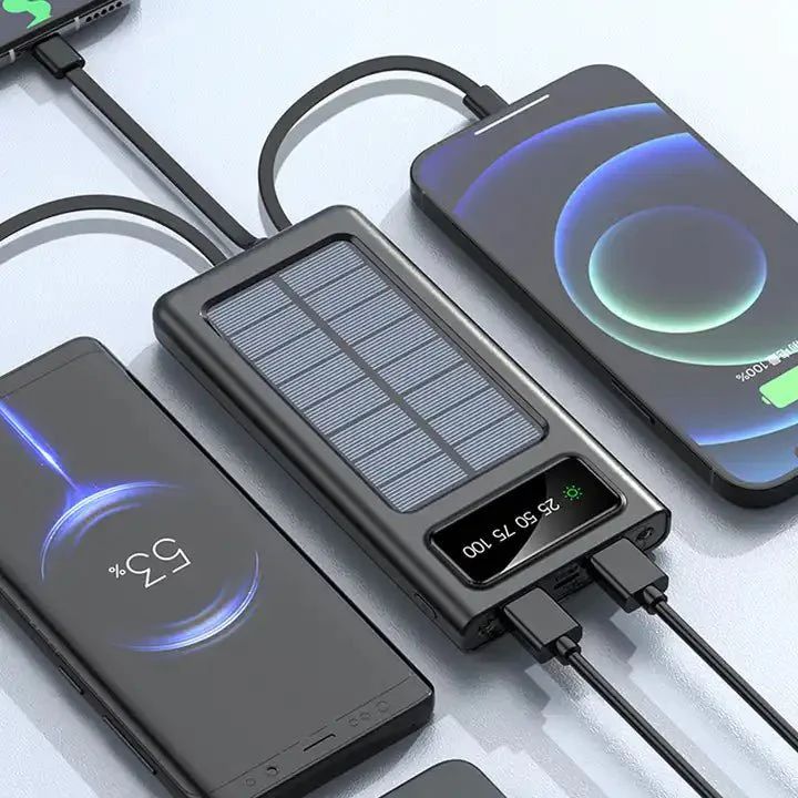 Solar Power Bank 20000mAh, Fast Charging Built-in Cable (باور بنك شمسي بسعة 20000 ملّي أمبير مع شحن سريع وكابل مدمج)