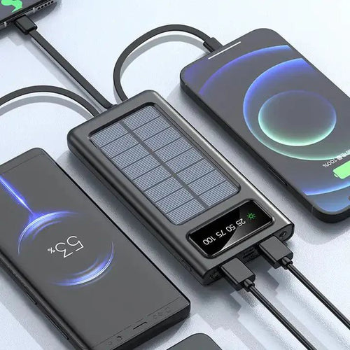 Solar Power Bank 20000mAh, Fast Charging Built-in Cable (باور بنك شمسي بسعة 20000 ملّي أمبير مع شحن سريع وكابل مدمج)