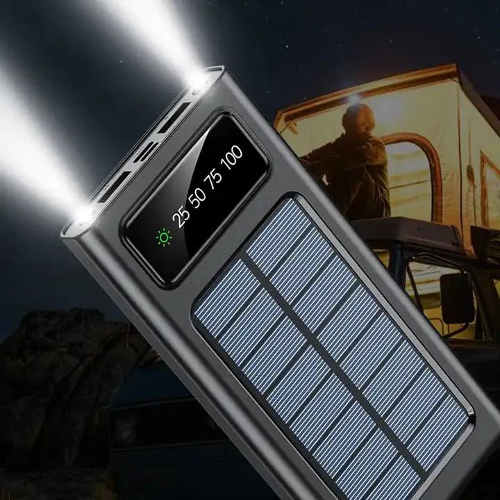 Solar Power Bank 20000mAh, Fast Charging Built-in Cable (باور بنك شمسي بسعة 20000 ملّي أمبير مع شحن سريع وكابل مدمج)
