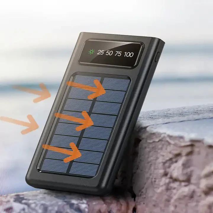 Solar Power Bank 20000mAh, Fast Charging Built-in Cable (باور بنك شمسي بسعة 20000 ملّي أمبير مع شحن سريع وكابل مدمج)